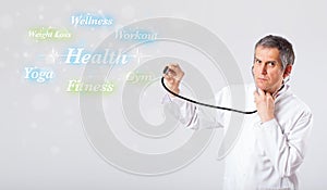 Clinical doctor pointing to health and fitness collection of words