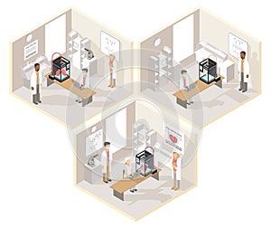 Clinical laboratories set of isometric illustrations with medical 3D printer