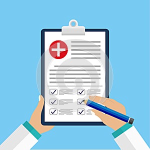 Clinical record, prescription, medical checkup report, health insurance concepts.Clipboard with checklist and medical cross.vector