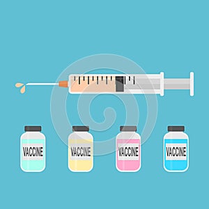 Clinical syringe with hypodermic needle contains orange color liquid medicine
