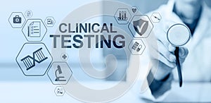 Clinical testing research, Pharmacy and Medicine concept on screen.