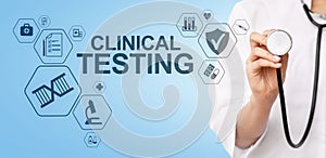 Clinical testing research, Pharmacy and Medicine concept on screen.