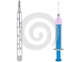 Clinical thermometer and injection on white