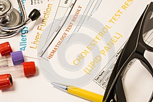 Clinical trial research concept photo. Results of clinical medical laboratory tests: blood, allergy analysis, cholesterol and lipi