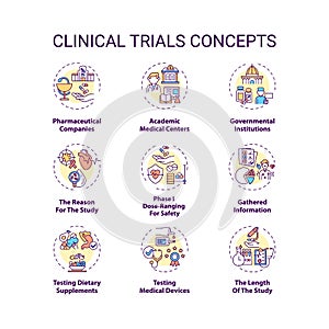 Clinical trials concept icons set