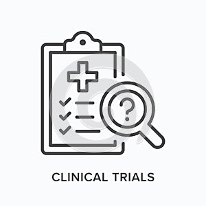 Clinical trials flat line icon. Vector outline illustration of laboratory results. Black thin linear pictogram for