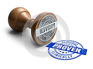 Clinically Proven stamp. Wooden round stamper and stamp with text Clinically Proven on white background. 3d illustration. rubber s