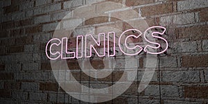 CLINICS - Glowing Neon Sign on stonework wall - 3D rendered royalty free stock illustration