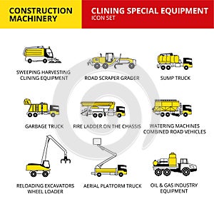 clining Special equipment machinery vehicle and transport car construction machinery icons set vector photo