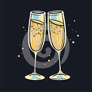 Clink glasses champagne graphic icon. Cheers with two champagne glasses sign. Vector