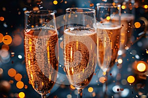 Clink glasses of champagne, toast celebration with golden glitter photo