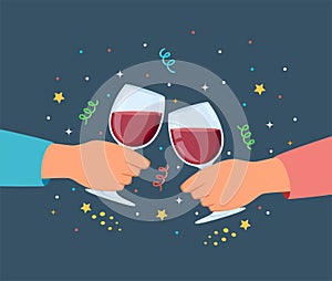 Clink glasses hands. Friends clink wine drinks, alcohol drinks in wineglasses, holiday party, people event together, celebration