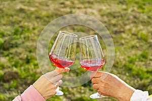 Clink with red wine glasses outside on the garden. garden party. Two people clinking each other`s glasses with rose wine