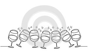 Clinking glasses. Many glasses of champagne wine. Party.  Line drawing