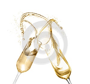 Clinking glasses of sparkling wine with splash on white background