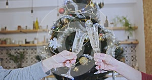 Clinking two glasses sparkling wine for holidays. Decorated Christmas tree with a flashing garland. Living room, couple