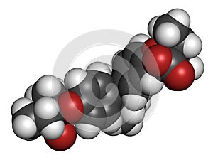 Clinofibrate hyperlipidemia drug molecule (fibrate class). 3D rendering. Atoms are represented as spheres with conventional color photo