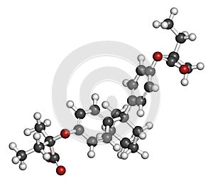 Clinofibrate hyperlipidemia drug molecule (fibrate class). 3D rendering. Atoms are represented as spheres with conventional color photo