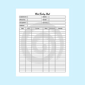 Clint tracking notebook KDP interior. Business buyer and clint information tracker template. KDP interior journal. Clint photo