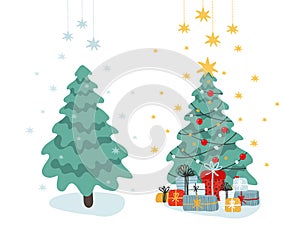 Clip-art for design and new year. A set of Christmas tree in the forest and decorated with a star, garlands and presents