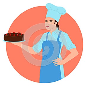 Clip art of a female chef proudly holding a chocolate cake