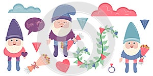 Clip art with gnomes for Valentine`s Day is isolated on a white background. Gnomes, hearts, crystals, flowers for decorating card