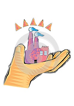 Clip Art of Hand holding a sand castle isolated on a white background