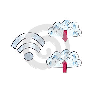 Clip art with icons: wifi, upload and download, watercolor illustration on white background