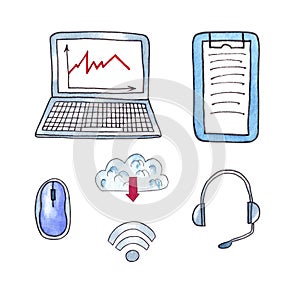 Clip art with laptop, paper holder, computer mouse, download icon, wi-fi icon and headphones, watercolor illustration