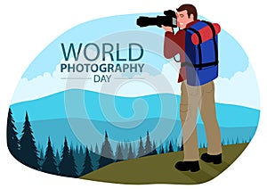 Clip art of Photographer with telescopic lens takes a photograph of a beautiful mountain landscape