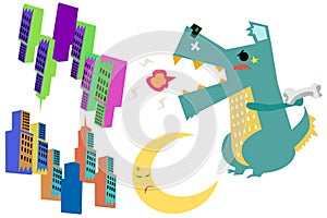 Clip Art Set: Dog Monster (Godzilla) with Buildings and Moon isolated on White Background. photo