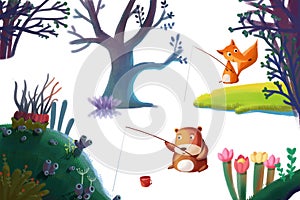 Clip Art Set: Nature Stuff: Forest Plant Tree, Animal Bear Fox, Flower Hill Island etc.