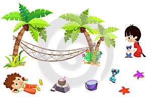 Clip Art Set: Sand Beach Stuff: Boy, Girl, Palm Tree, Hammock, Sands, Coconut Milk, Bucket, Shovel etc.