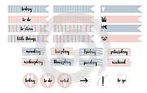 Clip art with today, to do, to clean, little things. day of week, noted, arrow, to go, exclamation point signs. Vector