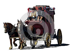 Fantasy illustration of a stagecoach traveling to the left