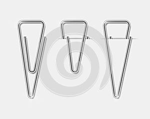 Clip set. Realistic paperclip attach. Office metal binder with shadow