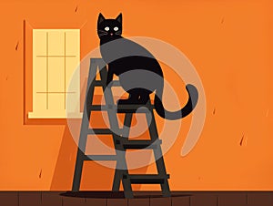 Clipart of a Black Cat Under a Ladder