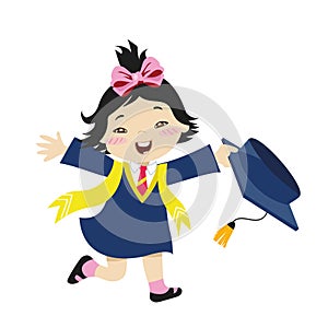 Clipart of a black-haired little girl with blue toga dress running happily on her graduation day
