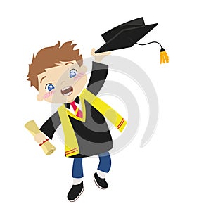 Clipart of a brown-haired little boy with black toga dress for commencement jumping and holding a graduation certificate