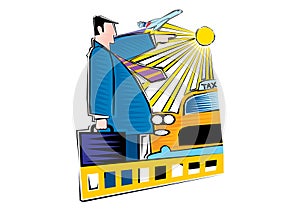 Clipart of Businessman traveling by taxi or airplane