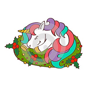 Clipart Christmas Unicorn in Cartoon Style. Cute Clip Art Christmas Unicorn Sleeping. Vector Illustration of an Animal