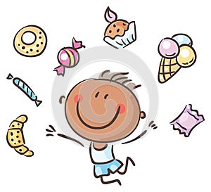 Clipart collection of cartoon sweets. Happy doodle kid with cakes and candys. Smiling boy jumping with joy