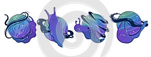 Clipart collection with Mystical slug snails with a space planet instead of a shell-house