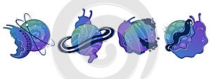 Clipart collection with Mystical slug snails with a space planet instead of a shell-house