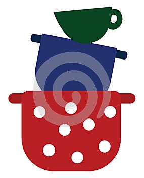 Clipart of the colorful tablewares piled one above the other, vector or color illustration