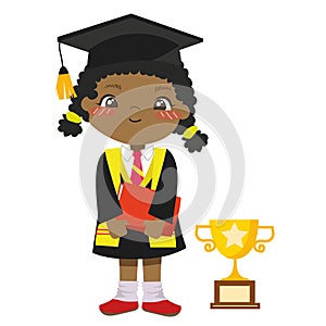 Clipart of a curly black-haired girl with black toga dress standing next to a trophy on the graduation day