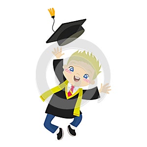 Clipart of a cute blonde hair boy with black toga dress jumping happily on the graduation day