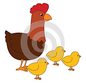 Clipart of the cute little chickens grazing along with the mommy hen, vector or color illustration