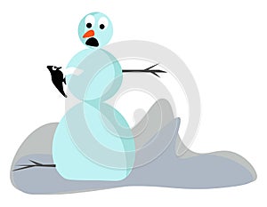 Clipart of a cute little snowman looking surprisingly on the bird perched in its arms, vector or color illustration