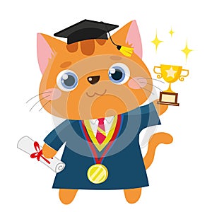 Clipart of Cute orange cat on a graduation blue dress holding a trophy and diploma certificate on white background